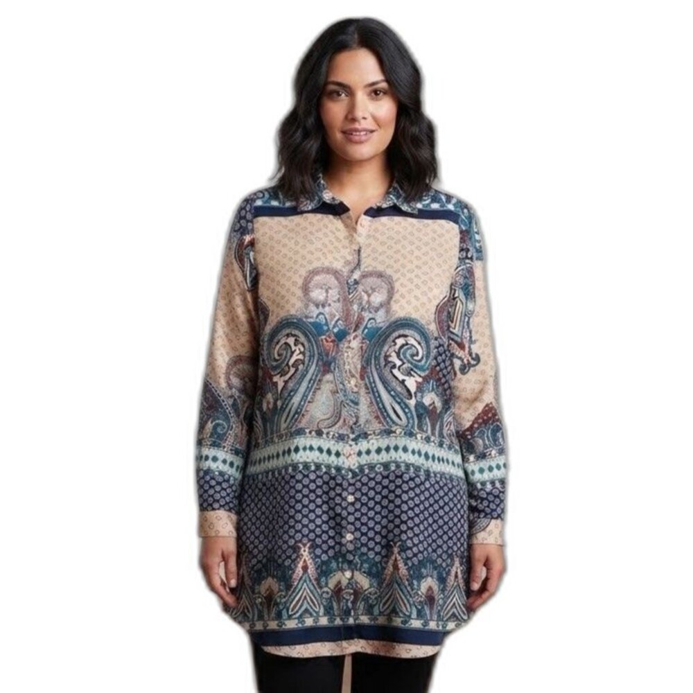 Parisian Collection paisley long shirt tunic dress size 16 blue cream NWOT